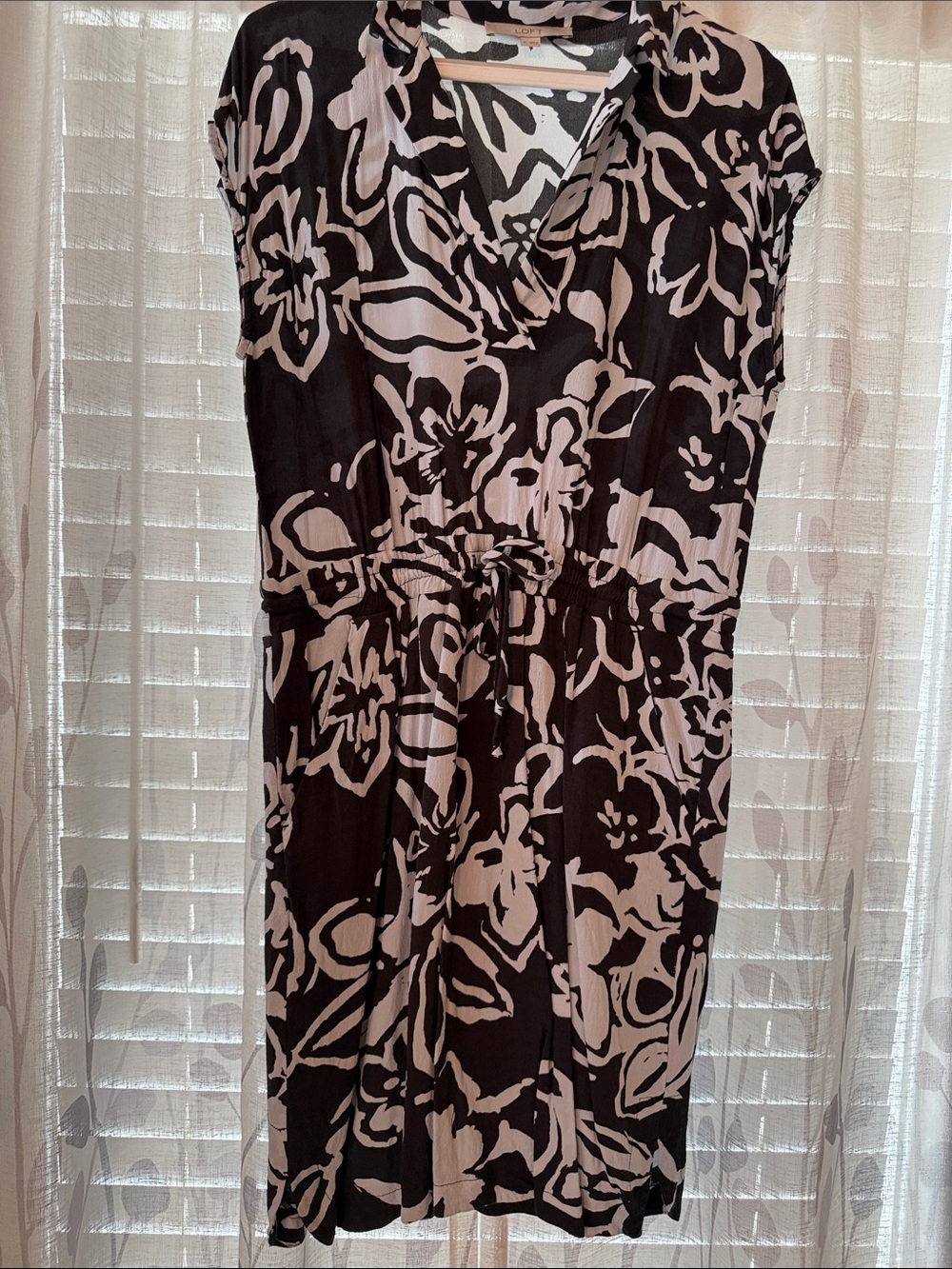 LOFT Dark Gray and Cream Floral Drawstring V-Neck Dress